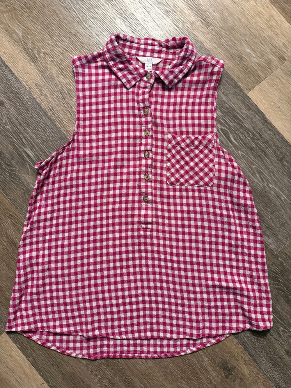 Time & Tru Women’s Pink Gingham Sleeveless Button-Front Top L Large 12-14